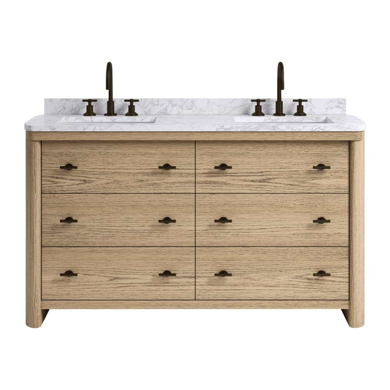 TileBar Studio Vanities Callum Natural Ash Vanity with Carrara Marble Top, 60" W