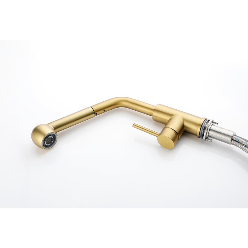 Brushed Gold Single Handle Kitchen Sink Faucet With Pull-Out - 360Turnable, Dual Water Output Settings For Various Applications, Rust & Corrosion Finish, Simple Design, Stainless Steel Fixture Pull