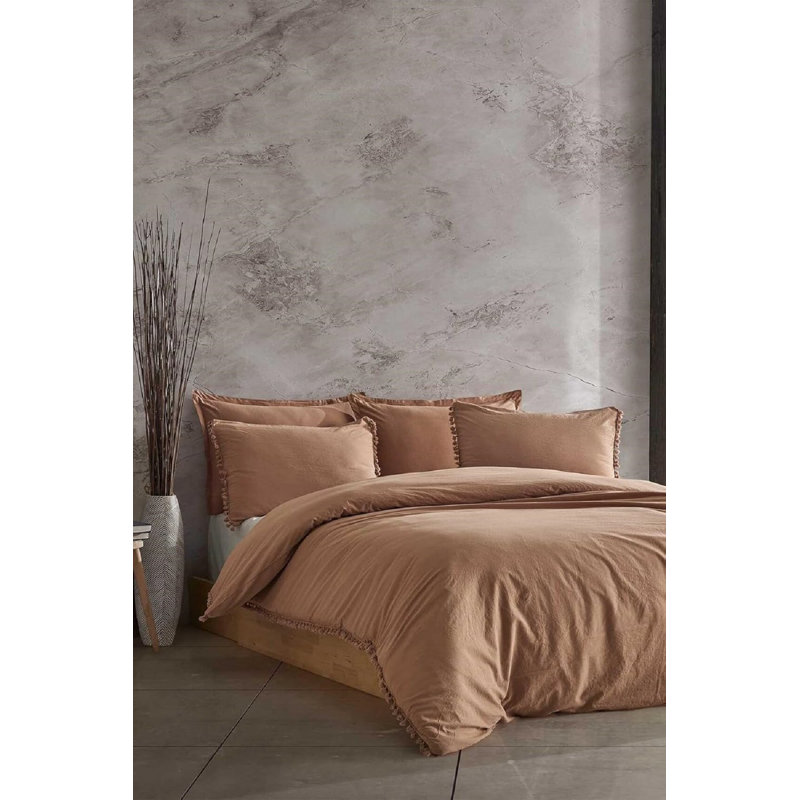 Ensemble de housse de courtepointe 100% coton Nil Washed Coffe, Housse de couette pour grand lit + 4 pièces suppl, Brun