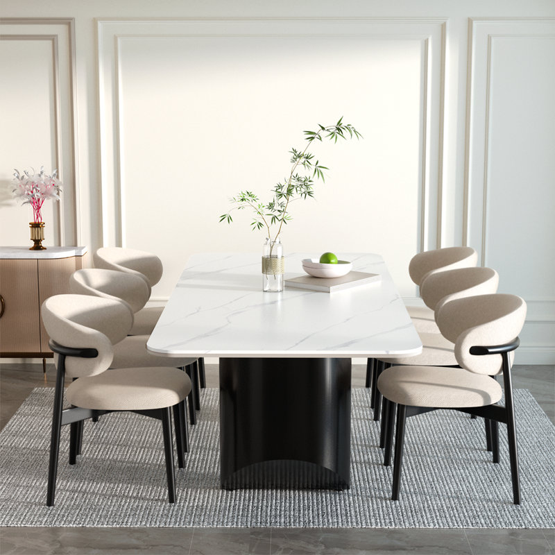  70.9" Modern White Rectangle Sintered Stone Dining Table With Stainless Steel Double Pedestal