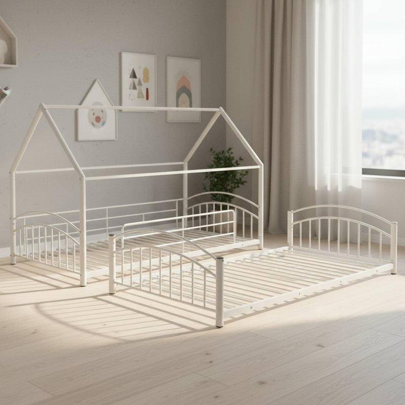 Twin Over Twin Metal Bunk Bed, Convertible Into Two Separate Small Beds, White