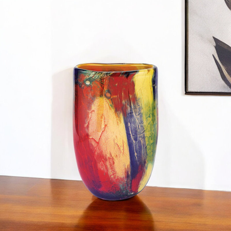 Vase de table en verre de Murano abstrait rouge mauve et jaune 11 po Glenola