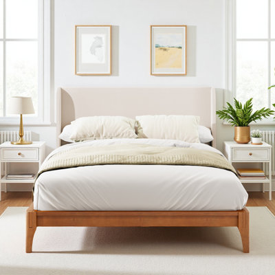 Bed Frame Platform with Upholstered Wingback Headboard