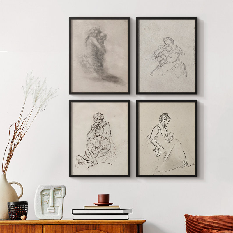 "Croquis rétro Lxxiv", 4 pièces sur papier, H 10 po x l 8 po, Noir