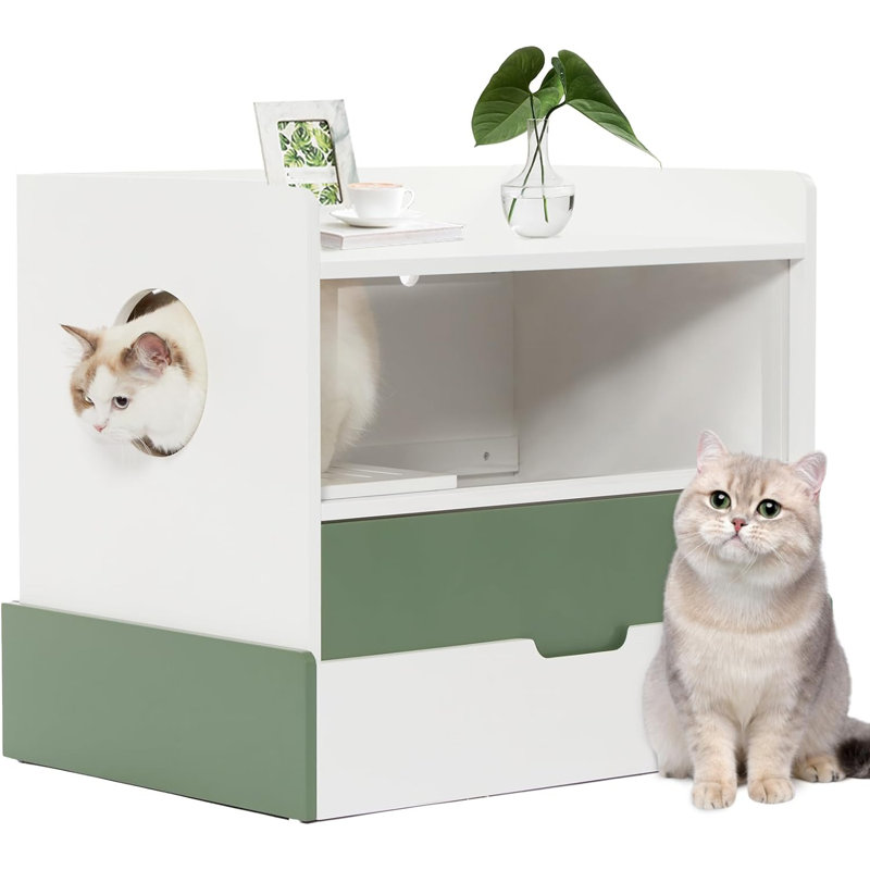 Meuble de litière pour chat, meuble de litière caché de conception moderne avec tiroir inférieur, fenêtre transparente et rangement spacieux pour s'adapter à la plupart des bacs à litière