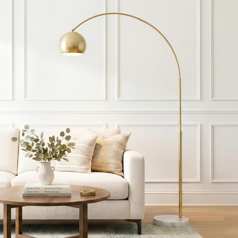 Olivia 75" Modern Industrial LED Arc Floor Lamp with Gold Brass Finish, White Marble Base, and Metal Bowl Shade, Bulb Included