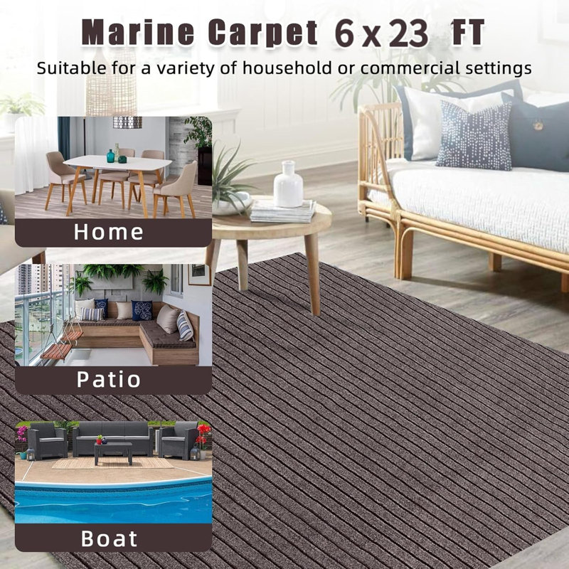 6x23 FT Stripe Brown Boat Marine Carpet, Waterproof, Indoor/Outdoor, TPR Non-Slip Backing, for Patio Deck, Outdoor Use, Camping.
