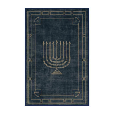 Machine Washable Hartsdale Hanukkah Modern & Contemporary Abstract Rug in Blue – Navy Binding