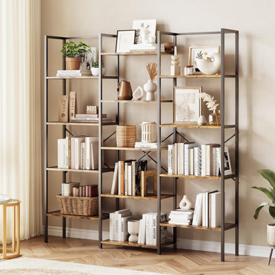 Triple Column 5-Tier Bookshelf, Rustic Industrial Bookshelf With Frame by Latitude Run