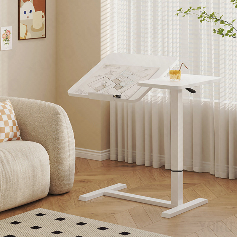 Overbed Bedside Desk - Mobile Rolling Laptop Stand, Adjustable Height - White