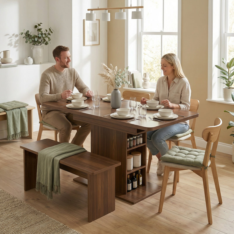 HOMCOM Extendable Dining Table for 4-6, Kitchen Table with Shelves, Walnut brown