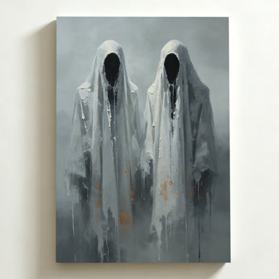 Halloween Canvas Wall Art 16"x24" Two ghostly figures draped in tattered white cloaks, Orange splatters on fabric, Textured Oil Painting Canvas Print. Modern Wall Decor for Bedroom, Living Room & Home Office