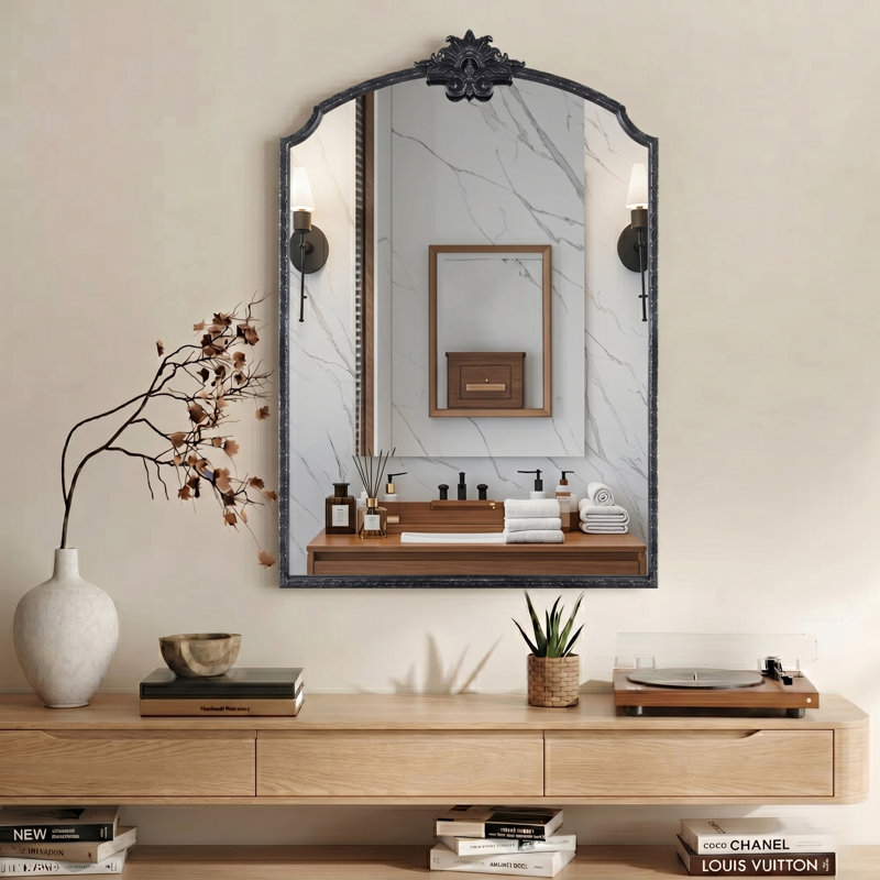 Lindon Arched Iron Wall Mirror, Antique Black, 36" x 24"