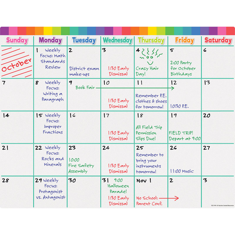 Calendar Write-On/Wipe-Off Chart
