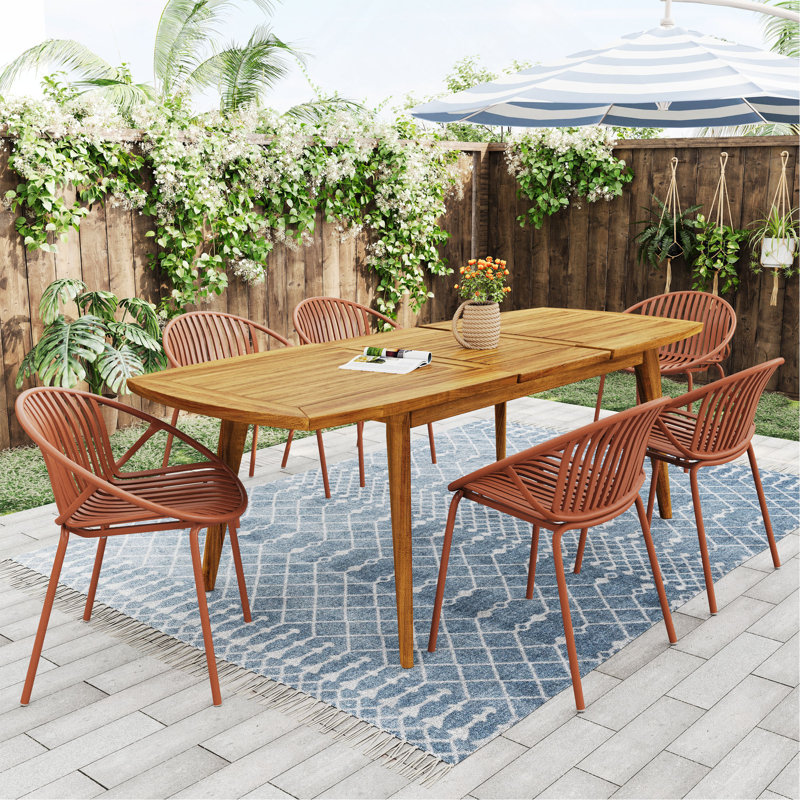Ensemble de salle à manger d'extérieur moderne 7 pièces avec chaise empilable 7 pièces, Orange / teck