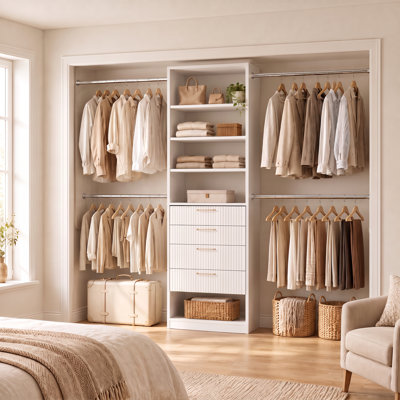 Système de rangement moderne Angelia (1,97-11,17 pi), organisateur de garde-robe avec 4 tiroirs et barres de suspension réglables
