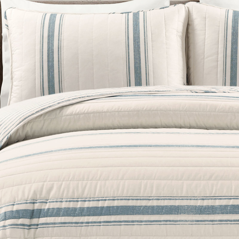 Gilroy Farmhouse / Country Cotton Striped Quilt, Full/Queen Quilt  + 2 Shams, Blue