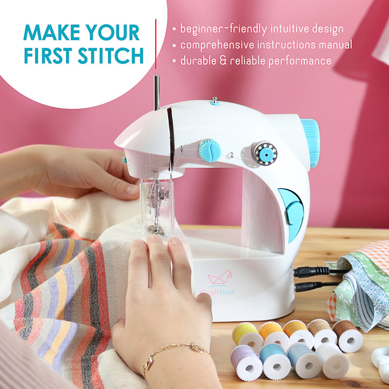 Compact White and Blue Portable Sewing Machine for Kids and Beginners