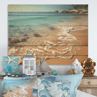 Shoreline Shadows On Beautiful Beach I - Coastal Wood Wall Art On Natural Pine Wood