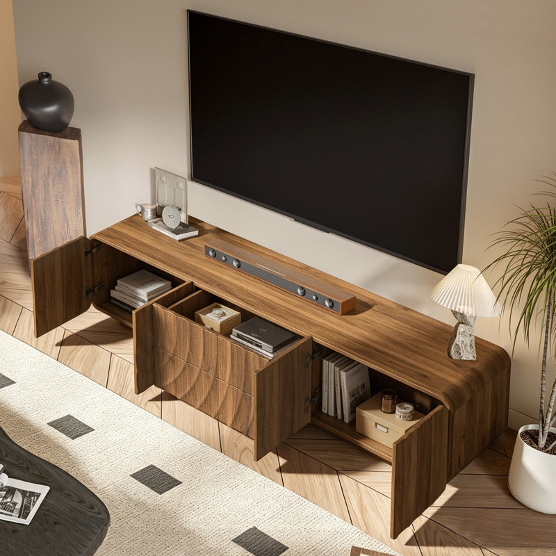 Meuble télé 70,9 po avec 2 tiroirs et armoires Mid-Century, 71"Walnut