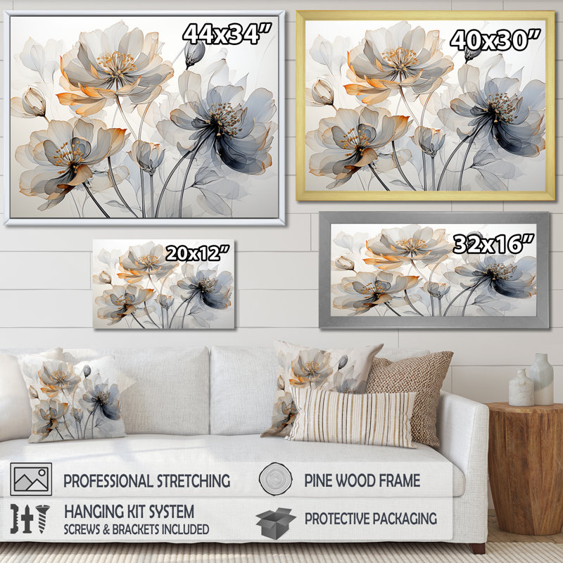 Minimaliste, tulipes blanches et grises Grace I - Tulipes, art mural, H 34 po x l 44 po x P 1,5 po, Cadre naturel flottant