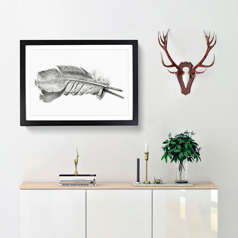 Feather by Jean Bernard - Picture Frame Drawing Print, 36cm H x 48cm W x 2cm D, Black Framed