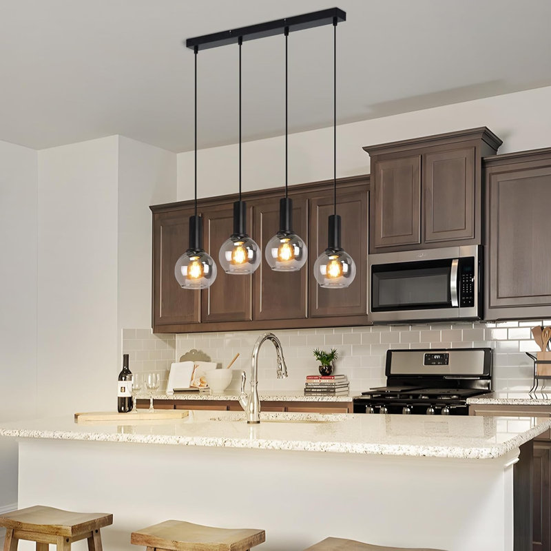 Modern Black Kitchen Island Pendant, 145cm H x 55cm W x 13cm D, 4 Lights