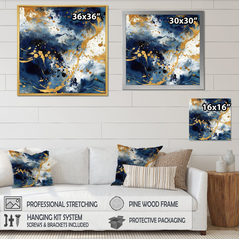 Bleu foncé et or abstrait X - Collages abstraits, impressions sur toile, 16" H x 16" W, Cadre flottant noir