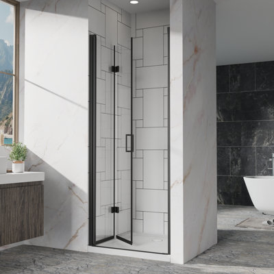 30 X 72 Inch Pivot Bifold Frameless Glass Shower Door - 1/4 Inch (6Mm) Tempered Clear Glass Swing Shower Panel, Black Finish, Reversible Installation | Gift Idea