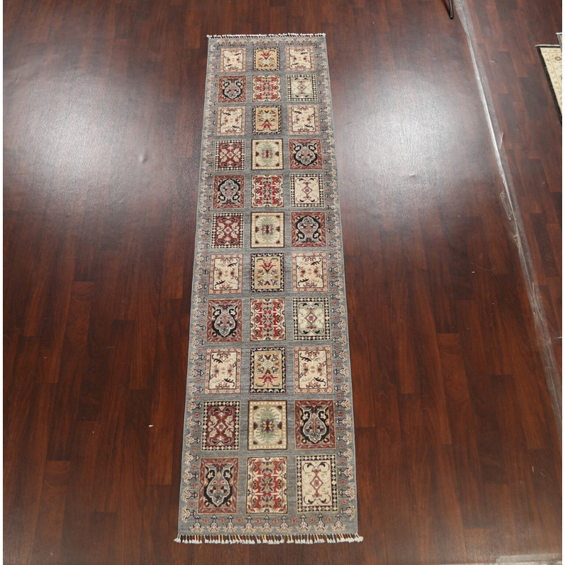 Tapis de couloir gris en laine noué à la main de conception unique 2 pi 9 po x 11 pi New Age