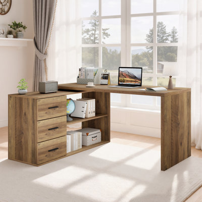 360° Rotating L Shaped Computer Desk With 3 Drawers And 2 Shelves, Home Office Swivel Desk For Work, Reversible Wood Corner Desk With Storage Cabinet, 55 Inch