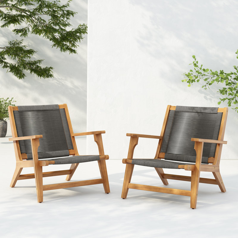 Sierra Modern Acacia Wood Rope Woven Outdoor Club Chairs, Dark Gray Rope/Teak Frame