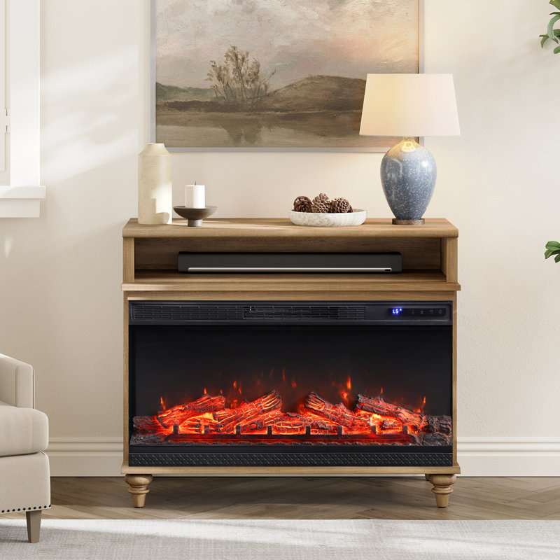 Fireplace End Table Wooden Side Table For Living Room, 36" Electric Fireplace, 3D Freestanding Fireplace Stove Heater, Brown