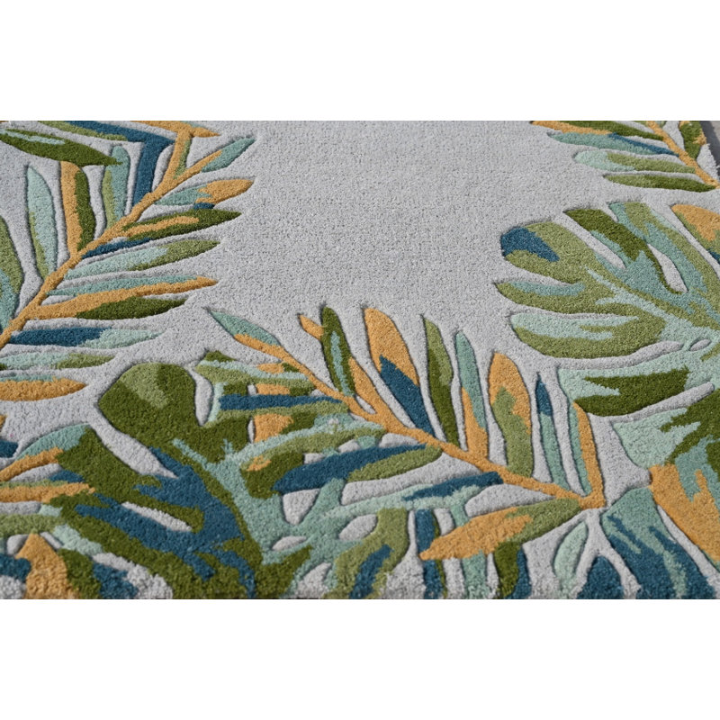 Tapis floral en laine touffeté à la main Amrjeet, Gris/vert, Rectangulaire 9 pi x 13 pi