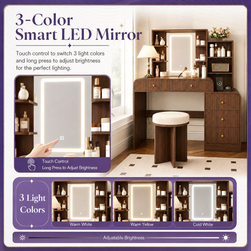 Meuble-lavabo avec miroir cannelé à DEL Maryanna, Espresso
