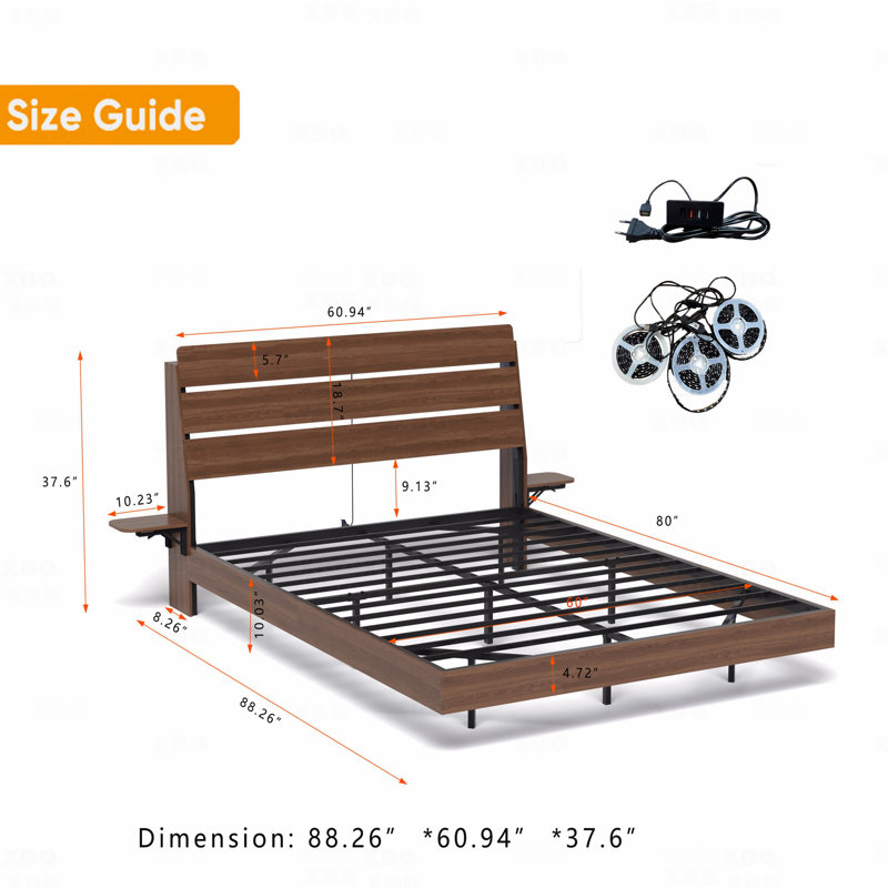 Brown Floating Queen Bed Frame with RGB LED Lights & Charging Station – Storage Headboard, No Box Spring Needed, Brown