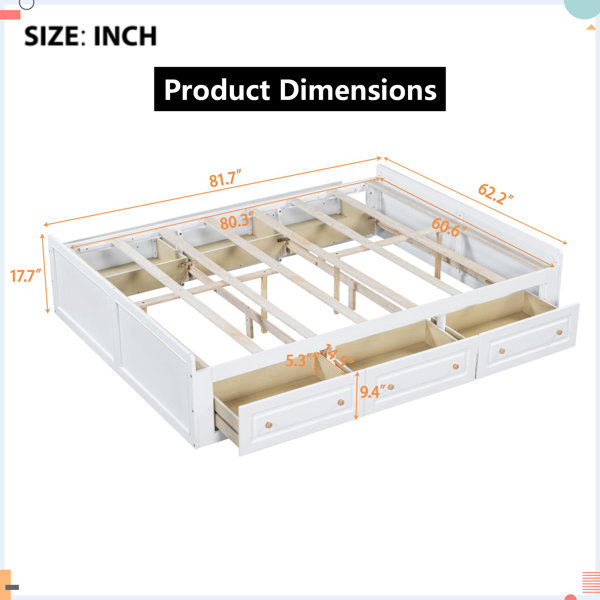 Gracie Oaks White Solid Wood Queen Platform Bed Frame with 6 Storage ...