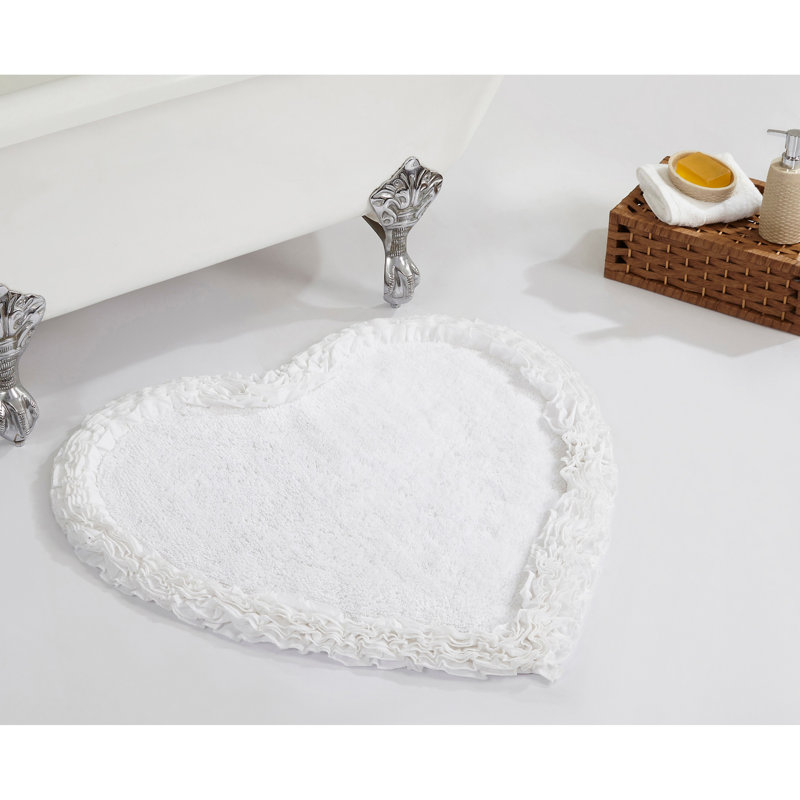 Zetilla 100% Cotton Tufted Bath Rug, Ultra Soft & Absorbent, Non-Slip Spray Latex Backing, Luxurious Ruffle Border, 30" Heart-Shaped, White