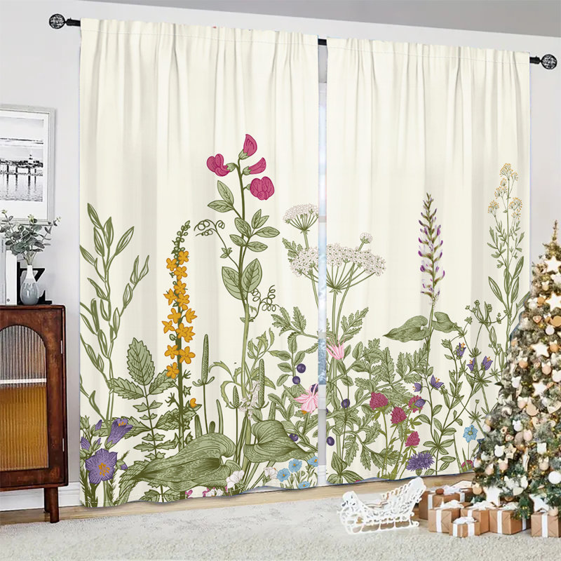 2Pcs Botanical Wildflower Curtains Rod Pocket Cotton Polyester Blend Floral Garden Design Colorful Meadow Flowers Pattern Natural Light Filtering Panel Drapes for Living Room Bedroom Kitchen Window Treatment Home Decor