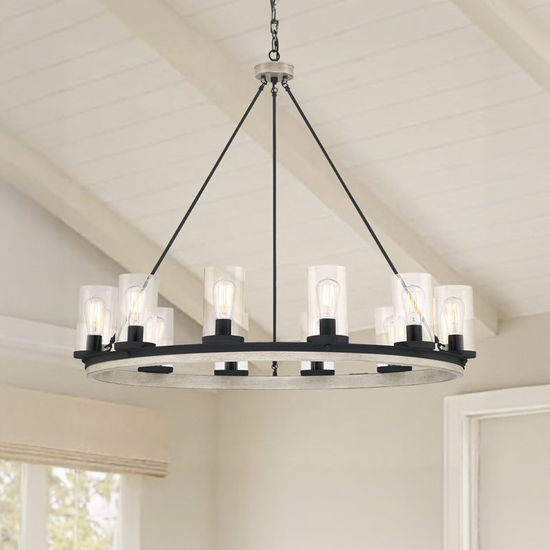 Hendon 12 - Light Wagon Wheel Dimmable Chandelier with Wood Accents, Weathered Oak