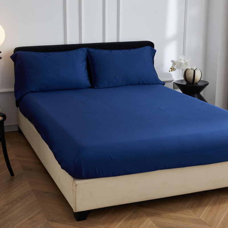 100% Rayon From Bamboo Cooling Fitted Bottom Sheet Only 1 Piece, Dark Blue, Queen Fitted Sheet