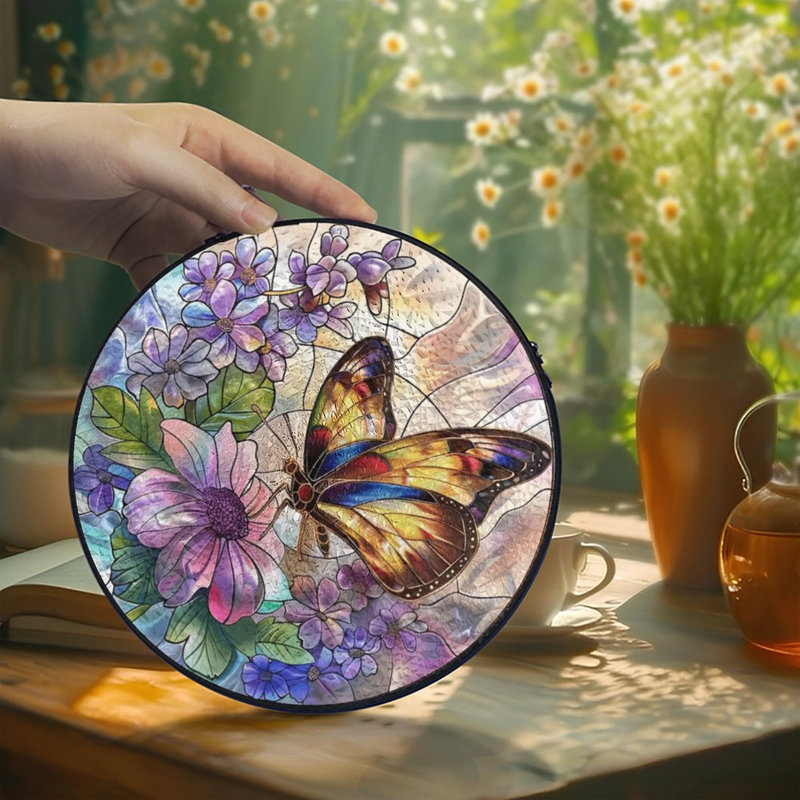 Papillon au milieu de fleurs vitrail panneaux de verre pour décoration de fenêtre, 6,3 x 6,3 po (16 x 16 cm)