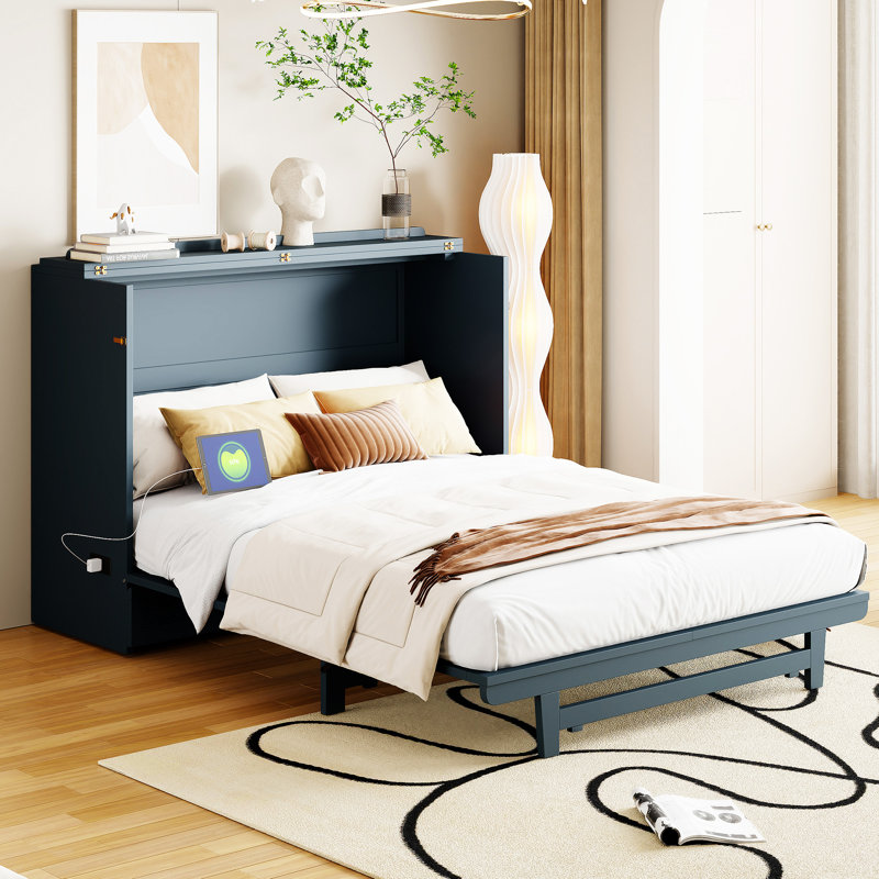 Murphy Bed With Large Drawer, Gray, Full