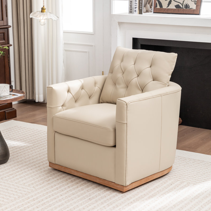 Azib 31'' Wide Genuine Leather Top Grain Leather Swivel Armchair, Beige