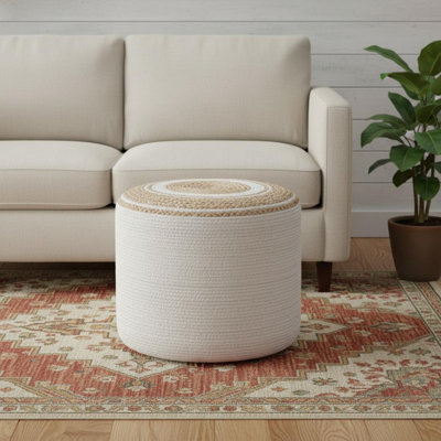Pouf rond ottoman de 18 po en jute et coton color block naturel et blanc cassé