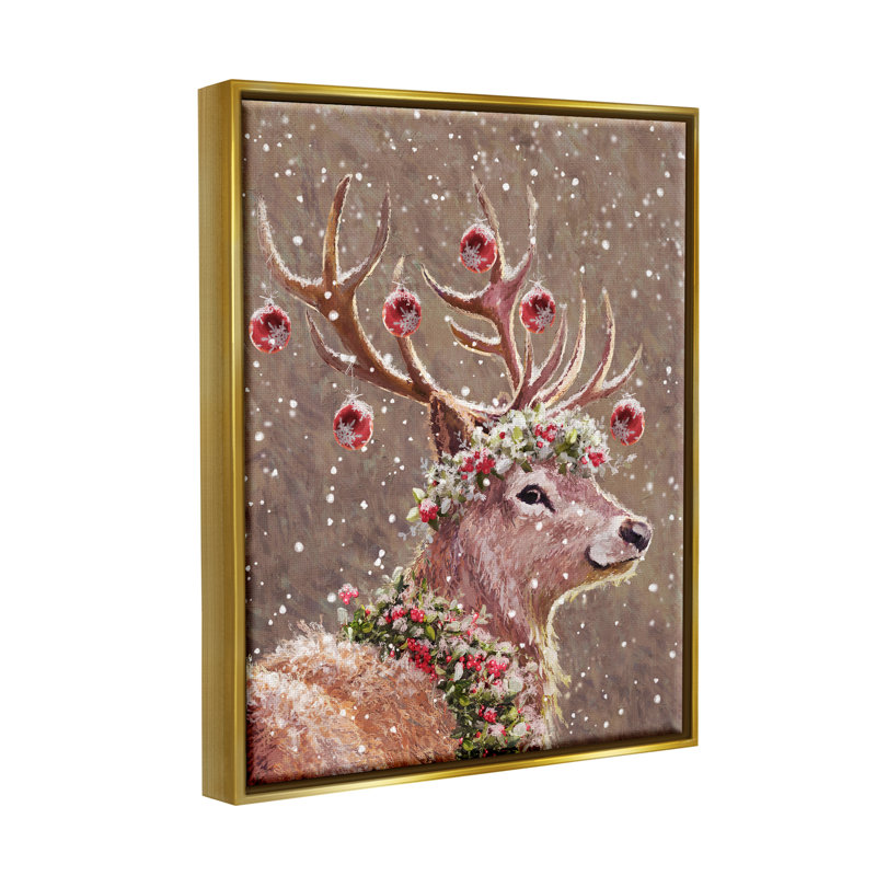 «Deer Antler Holiday Ornaments» par Pip Wilson, peinture, H 21 po x l 17 po x P 1,7 po, Cadre flottant métallique doré