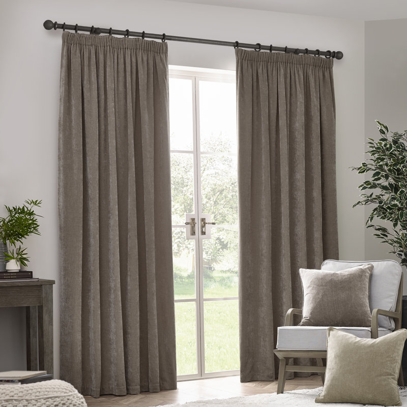 Heavy Chenille Blackout Curtain Panel Pair, 168cm Width x 137cm Drop, Grey/Beige