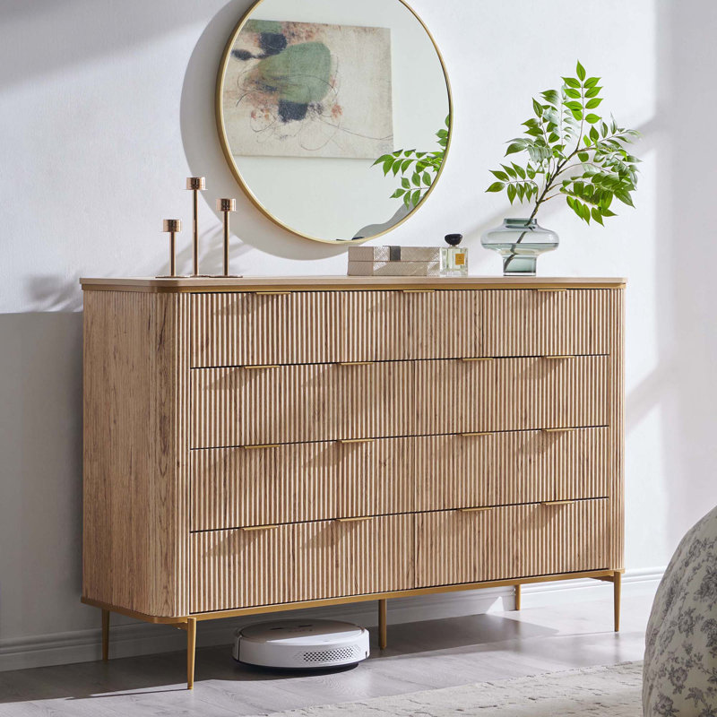 Fluted 9 Drawers Dresser Modern Wooden Top Chest Of Drawers, Natural Oak