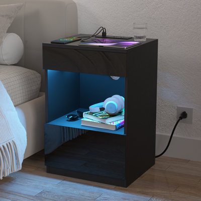 Breslyn Manufactured Wood Nightstand with Charging Station, LED Light and Shelf