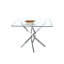 Table carrée contemporaine en verre trempé transparent avec pieds élégants en acier inoxydable à finition argentée, parfaite pour les intérieurs modernes et les espaces compacts.